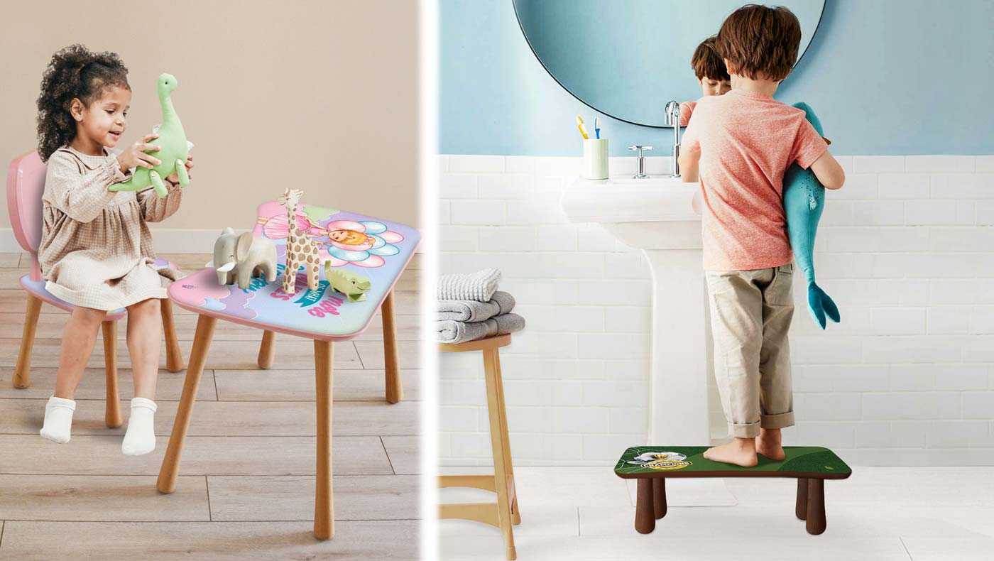 Jetzt neu! Kinder Schreibtisch mit Stuhl und Tritthocker für Kinder