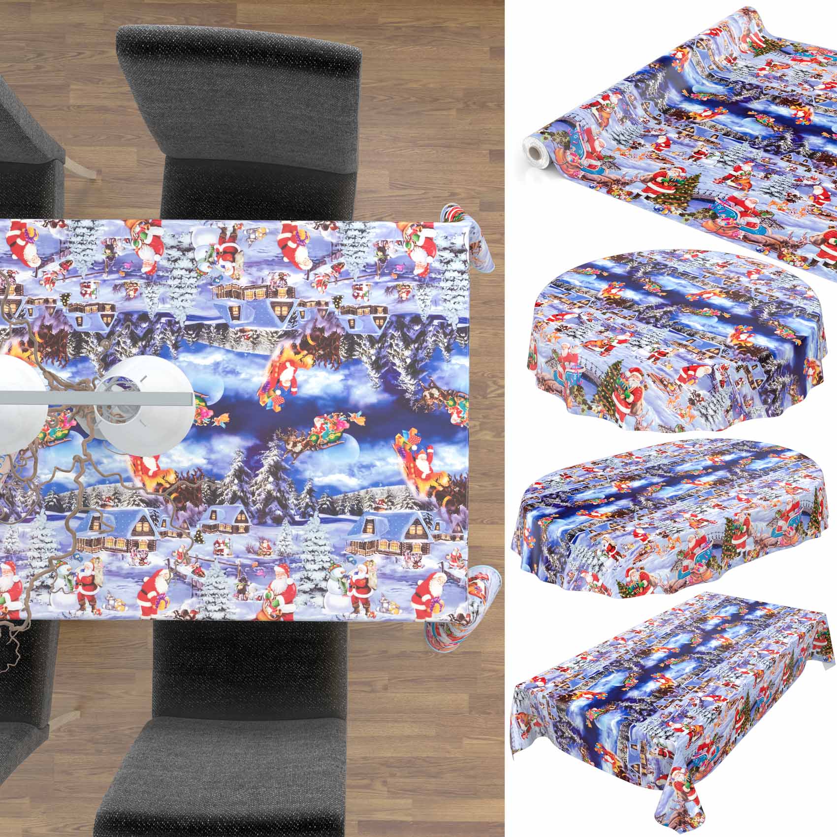 Weihnachtstischdecke Wachstuch Tischdecke abwaschbar Weihnachtsmann Blau