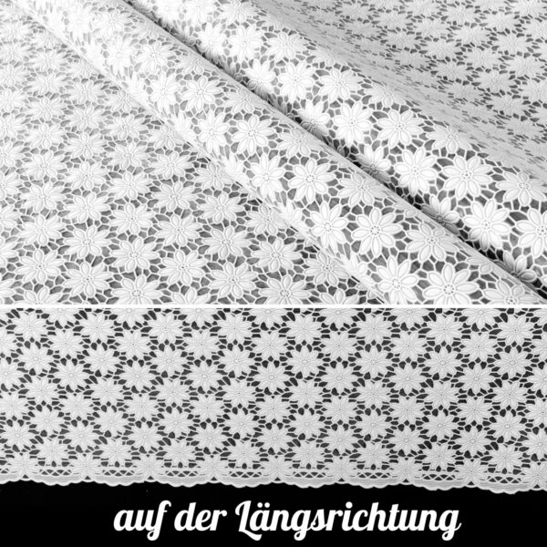 Tischdecke abwaschbar Lace Vinyl Häkel Spitze Optik Blumen Kamille Weiß