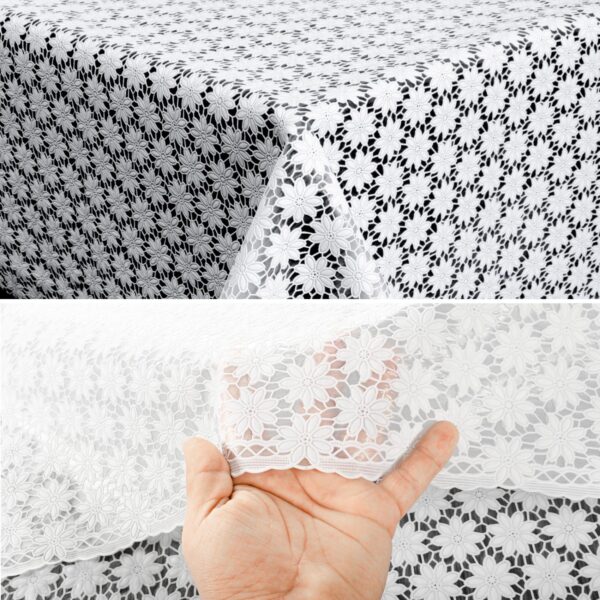 Tischdecke abwaschbar Lace Vinyl Häkel Spitze Optik Blumen Kamille Weiß