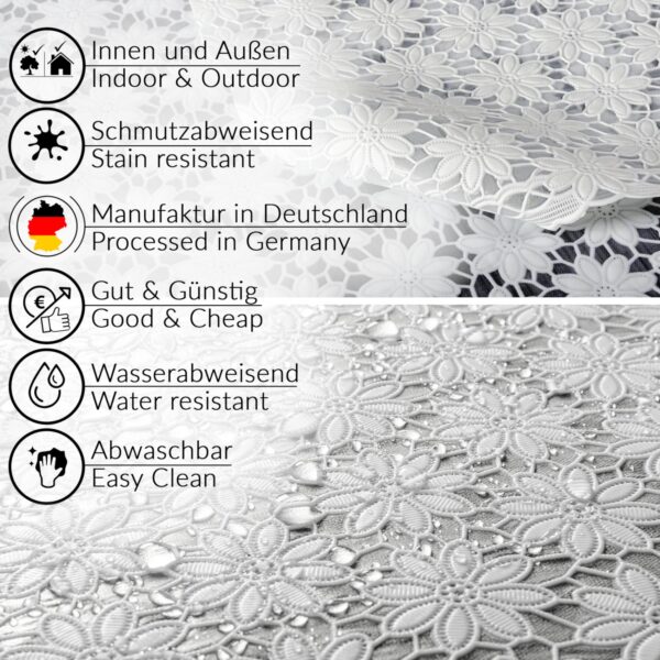 Tischdecke abwaschbar Lace Vinyl Häkel Spitze Optik Blumen Kamille Weiß