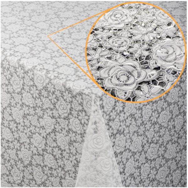 Tischdecke abwaschbar Lace Vinyl Häkel Spitze Optik Rosen Anthrazit Rosen Weiß
