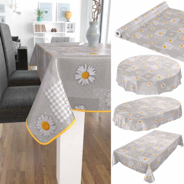 abwaschbare Tischdecke Patchwork Kamille Blumen Grau Wachstuch Wachstuchtischdecke