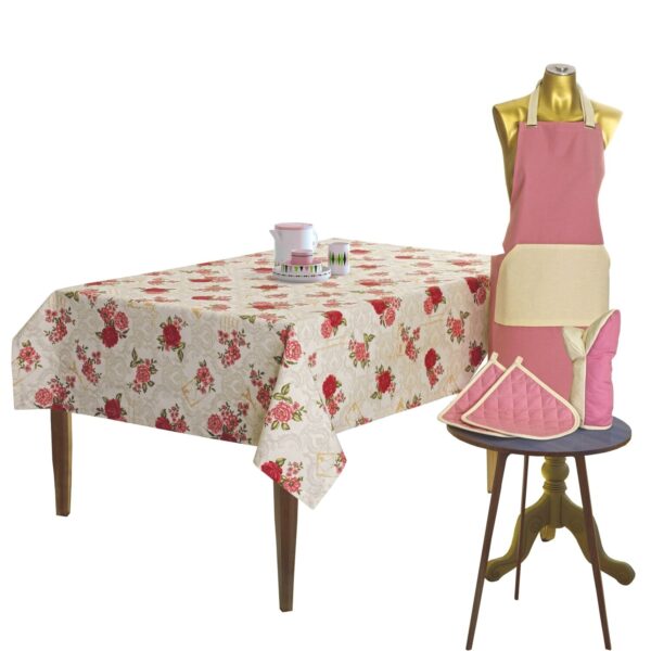 Tischwäsche 5 Teilig – abwaschbare Tischdecke Schürze Ofenhandschuh Topflappen Baumwolle Geschenk Set