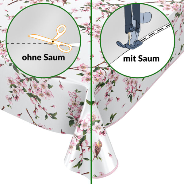 Tischdecke Sakura mit Vogel Weiß abwaschbar Wachstuch Wachstuchtischdecke