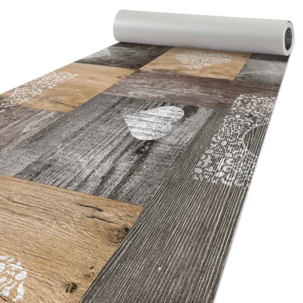 Küchenläufer PVC rutschfest abwaschbar Rustikal Holz Herz Liebe Braun 50cm Breit