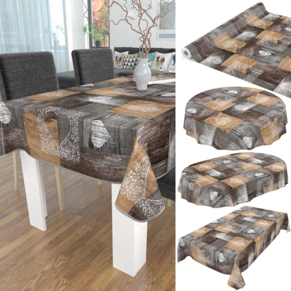 Tischdecke Holz Rustikal Herz Liebe Braun pflegeleicht abwaschbar Wachstuch Wachstuchtischdecke