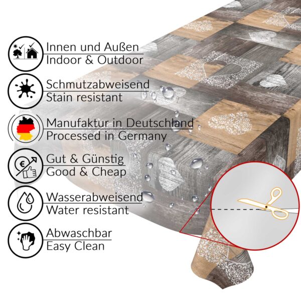 Tischdecke Holz Rustikal Herz Liebe Braun pflegeleicht abwaschbar Wachstuch Wachstuchtischdecke