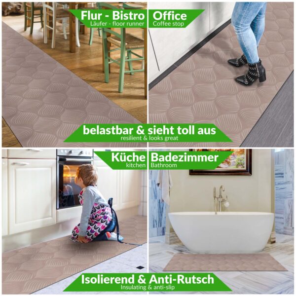 Küchenläufer Premium 3-Schicht Boden gummiert Läufer waschbar Blätter Ornament Braun 65cm Breit