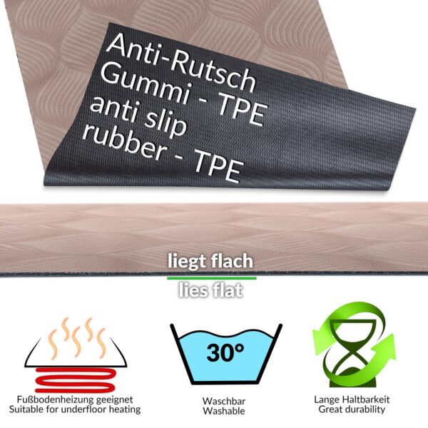 Küchenläufer Premium 3-Schicht Boden gummiert Läufer waschbar Blätter Ornament Braun 65cm Breit