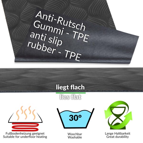 Premium Läufer Küchen Teppich rutschfest waschbar Blätter Ornament Anthrazit 65cm Breit
