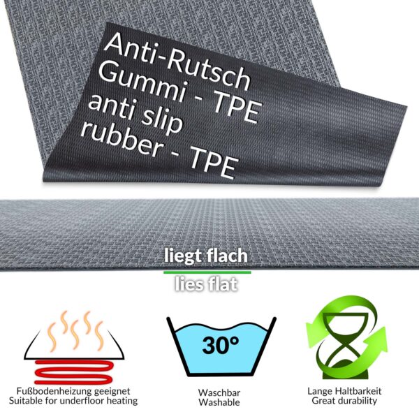 Küchenläufer Qualität 3-Schicht Boden gummiert Läufer waschbar Flechtoptik Grau 65cm Breit