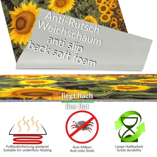 Läufer Küchen Teppich abwischbar Textil + PVC rutschfest Sonnenblumen Gelb 50cm Breit