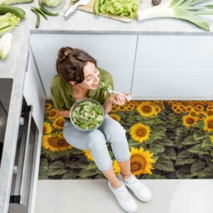 Läufer Küchen Teppich abwischbar Textil + PVC rutschfest Sonnenblumen Gelb 50cm Breit
