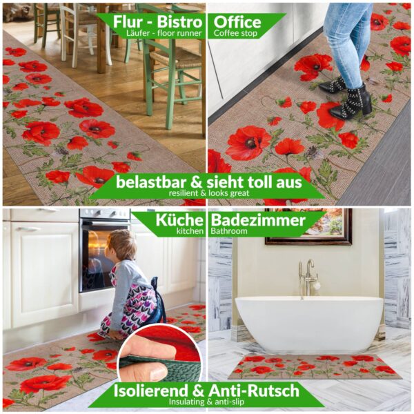 Küchenläufer waschbar Küchenteppich rutschfest Sprinty Mohnblumen Jute 52cm Breite