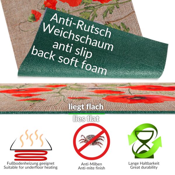 Küchenläufer waschbar Küchenteppich rutschfest Sprinty Mohnblumen Jute 52cm Breite