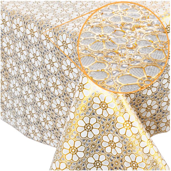 Tischdecke abwaschbar Lace Vinyl Häkel Spitze Optik Blumen Gold