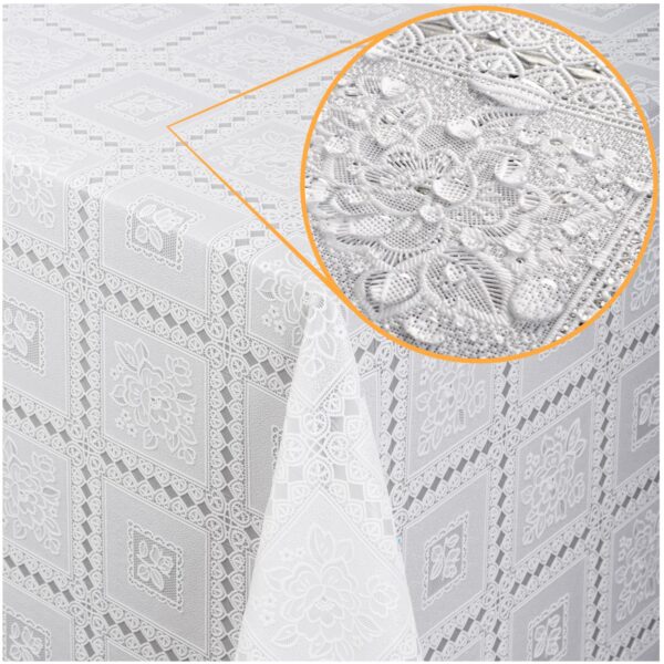 Tischdecke abwaschbar Lace Vinyl Häkel Spitze Optik Rosen Weiß Blumen