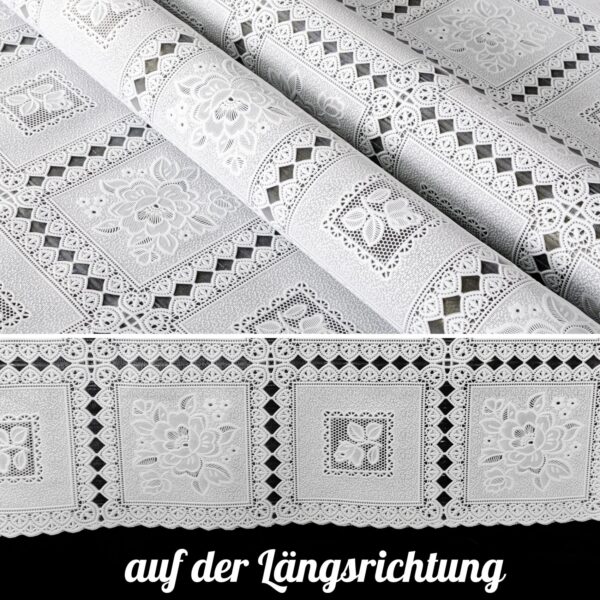 Tischdecke abwaschbar Lace Vinyl Häkel Spitze Optik Rosen Weiß Blumen