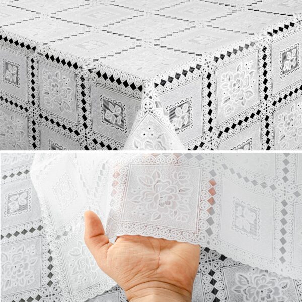 Tischdecke abwaschbar Lace Vinyl Häkel Spitze Optik Rosen Weiß Blumen
