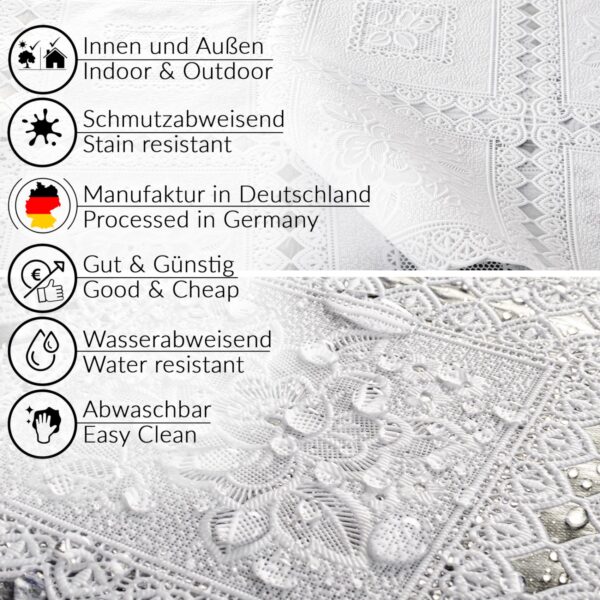 Tischdecke abwaschbar Lace Vinyl Häkel Spitze Optik Rosen Weiß Blumen