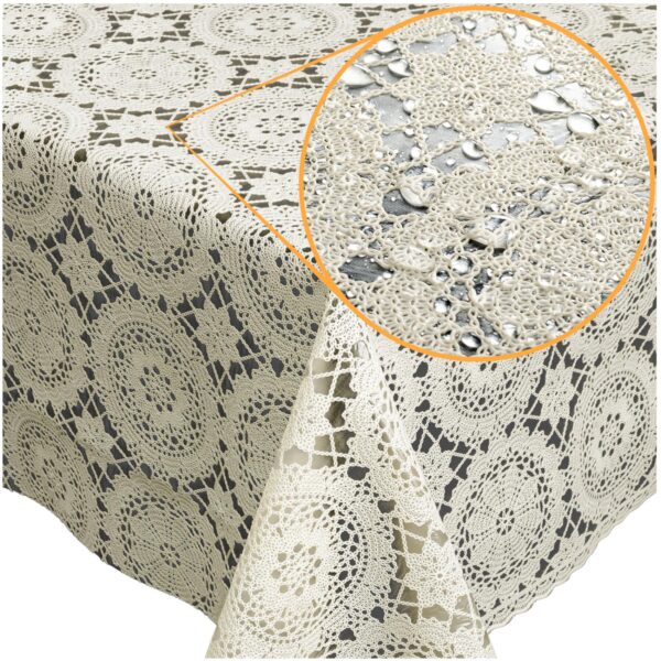 Tischdecke abwaschbar Lace Vinyl Häkel Spitze Optik Kreise Creme