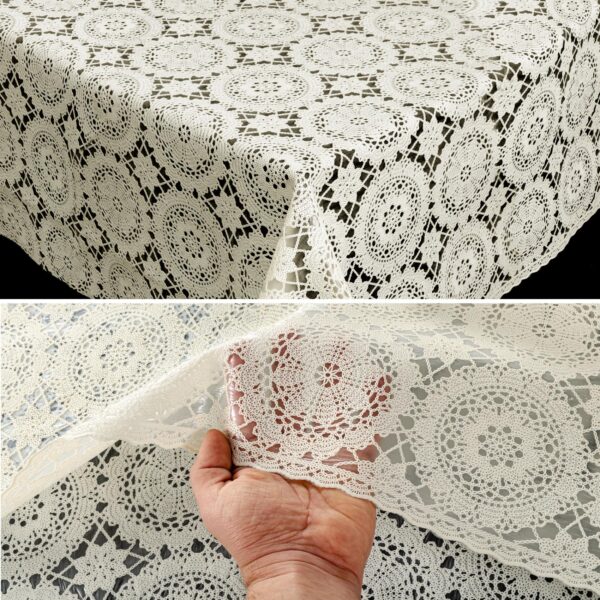 Tischdecke abwaschbar Lace Vinyl Häkel Spitze Optik Kreise Creme