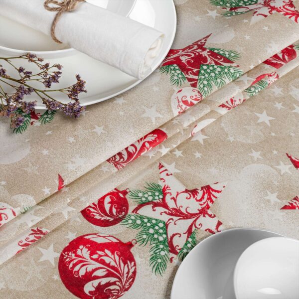 Weihnachtstischdecke Textil Tischdecke Tischwäsche abwaschbar Tischtuch Baumwolle Polyester Stern Kugel Rot Beige