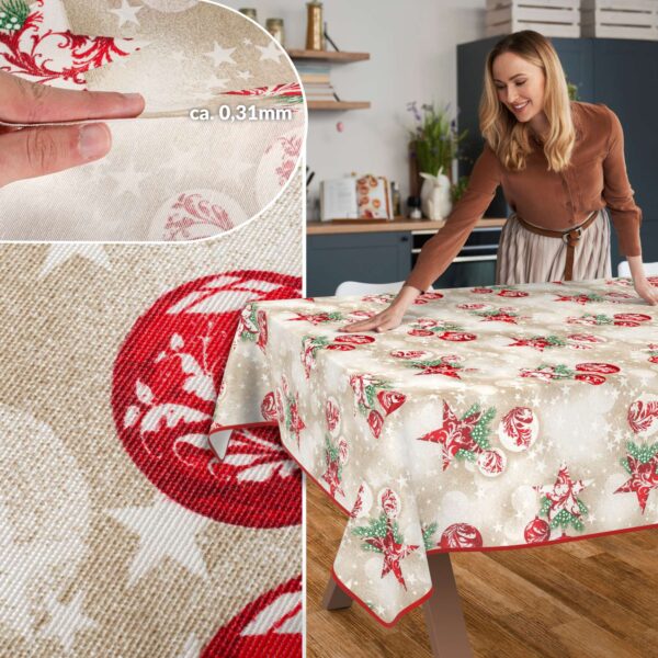 Weihnachtstischdecke Textil Tischdecke Tischwäsche abwaschbar Tischtuch Baumwolle Polyester Stern Kugel Rot Beige