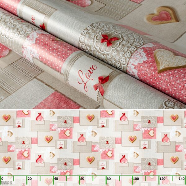 Wachstuchtischdecke Wachstuch Tischdecke abwaschbar rechteck, rund, oval hochwertige Bedruckung Gartentischdecke MIMOSA Patchwork Herz Rosa Grau Breite 140cm