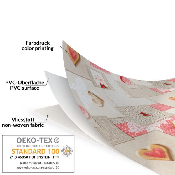 Wachstuchtischdecke Wachstuch Tischdecke abwaschbar rechteck, rund, oval hochwertige Bedruckung Gartentischdecke MIMOSA Patchwork Herz Rosa Grau Breite 140cm