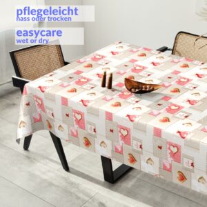 Wachstuchtischdecke Wachstuch Tischdecke abwaschbar rechteck, rund, oval hochwertige Bedruckung Gartentischdecke MIMOSA Patchwork Herz Rosa Grau Breite 140cm