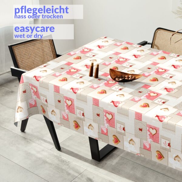 Wachstuchtischdecke Wachstuch Tischdecke abwaschbar rechteck, rund, oval hochwertige Bedruckung Gartentischdecke MIMOSA Patchwork Herz Rosa Grau Breite 140cm