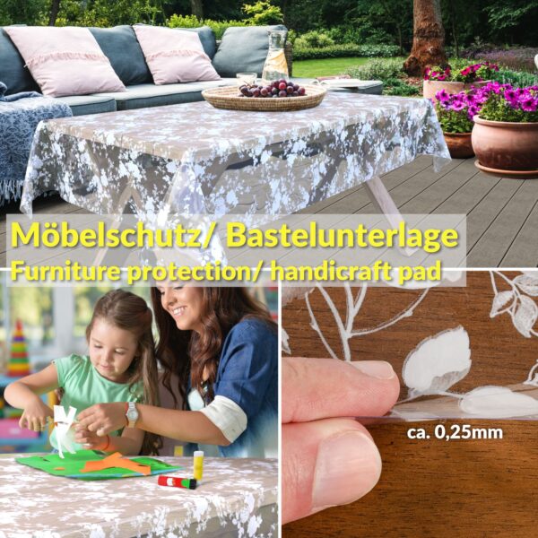 Transparente Tischdecke Vinyl Tischfolie Folie Tischschutzfolie 0,15mm mit Muster Blumen Weiß Breite 140cm