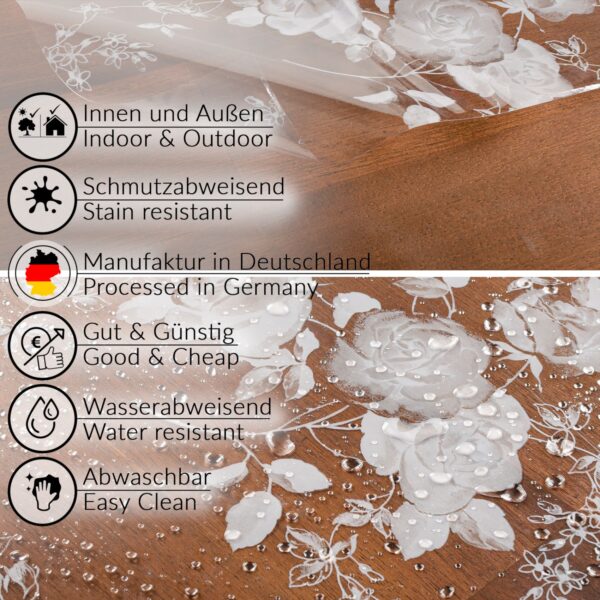 Transparente Tischdecke Vinyl Tischfolie Folie Tischschutzfolie 0,15mm mit Muster Blumen Weiß Breite 140cm
