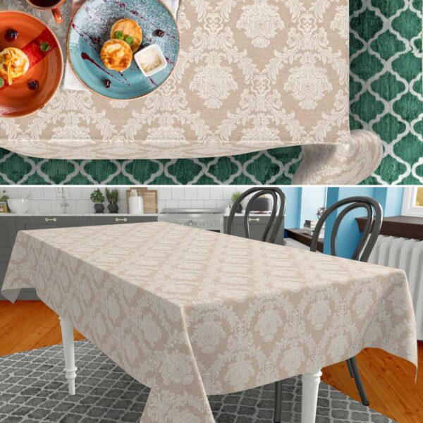 Stoff Tischdecke Tischwäsche Textil Tischtuch Baumwolle Polyester Jacquard Ornamente Meterware Premium Barock Beige Outdoor Tischdecke Gartentischdecke