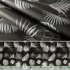 Wachstuchtischdecke abwaschbar Premium Leinenprägung Gartentischdecke Palmenblätter Silber Schwarz Breite 140cm