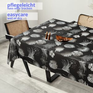 Wachstuchtischdecke abwaschbar Premium Leinenprägung Gartentischdecke Palmenblätter Silber Schwarz Breite 140cm