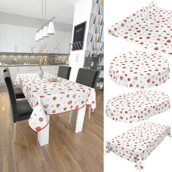 Weihnachtstischdecke Wachstuch abwaschbar Weihnachten Lebkuchen Schneeflocken Rot Weiß