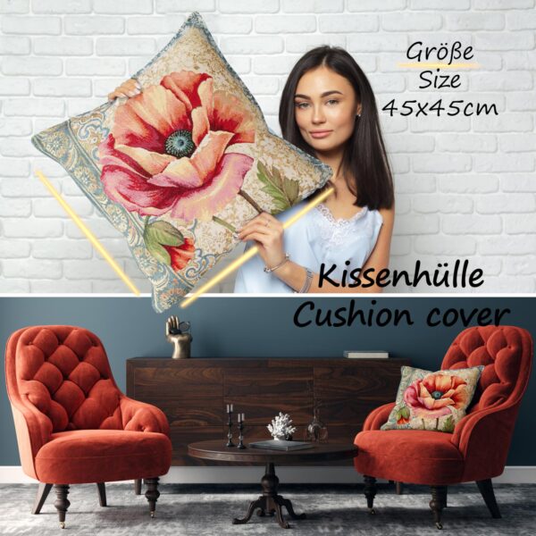 Gobelin Dekokissen Landhaus Vintage Sofakissen mit & ohne Füllung 45x45cm Mohnblume