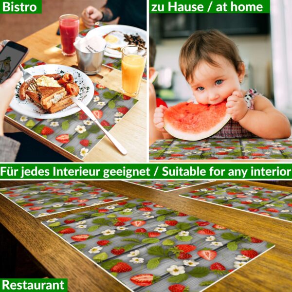 Tischset Platzsets Platzdeckchen abwaschbar Tischuntersetzer PVC hitzebeständig Gartenerdbeeren Holz Grau 35x50cm
