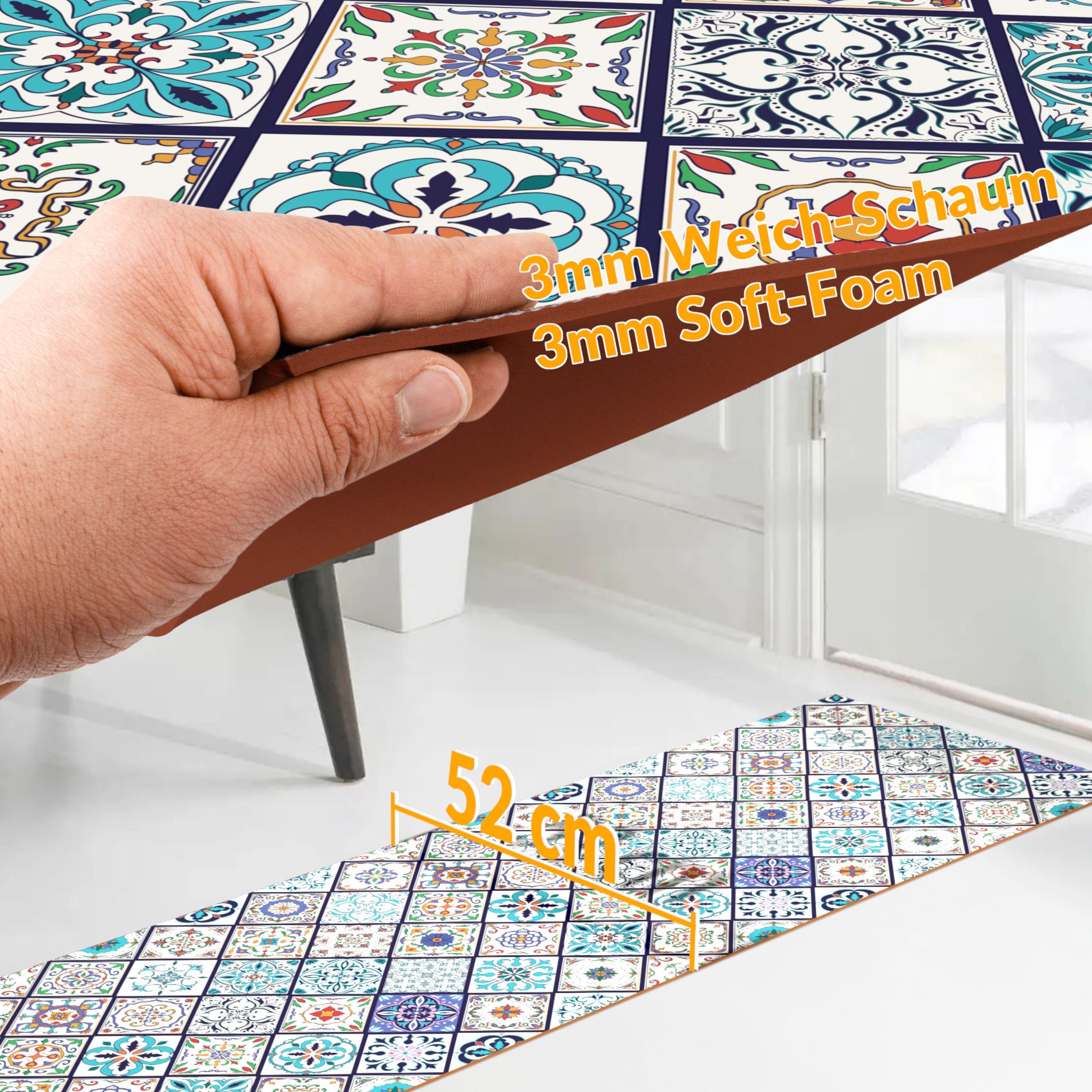 Küchenläufer PVC rutschfest abwaschbar Orientalische Fliese Blau 50cm Breit