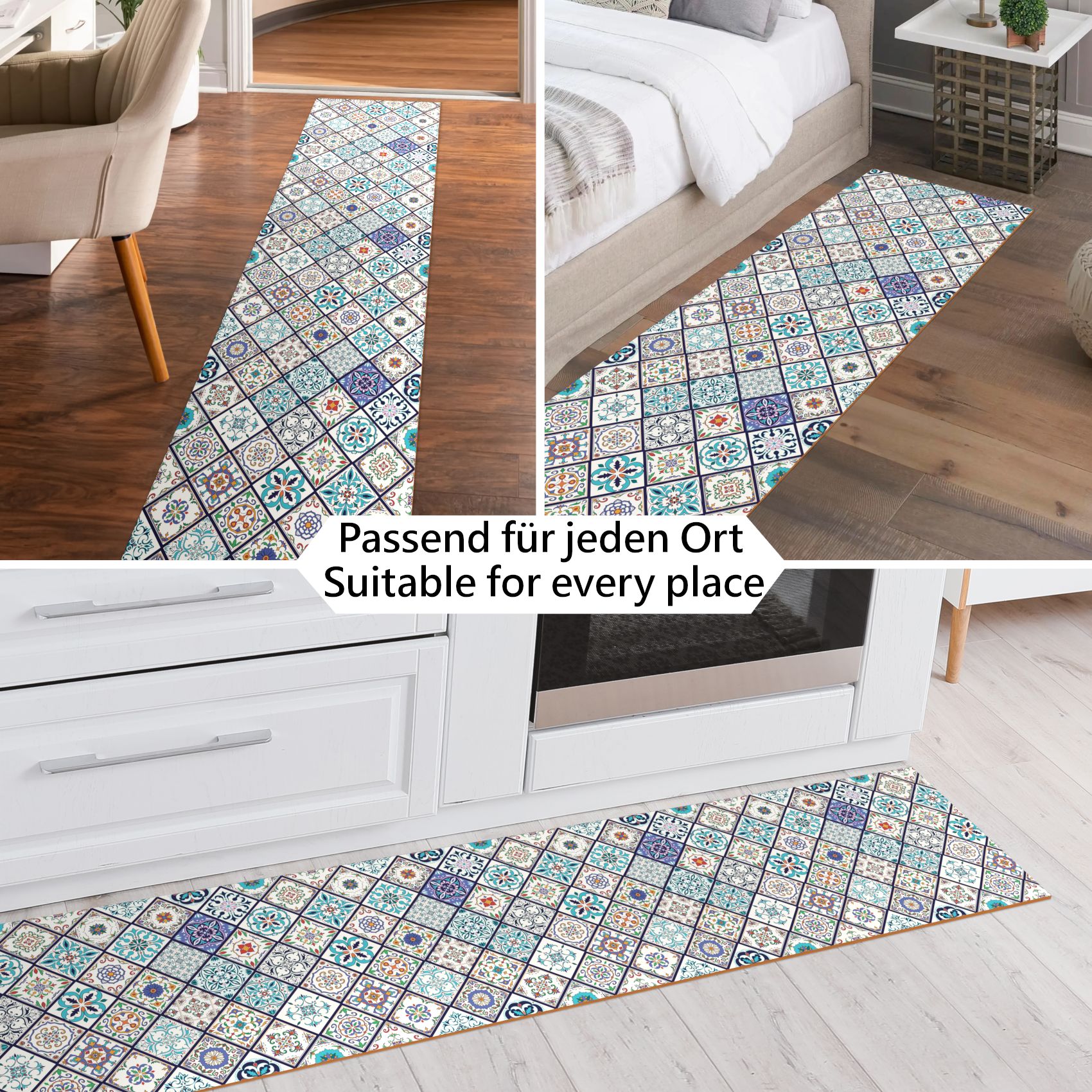 Küchenläufer PVC rutschfest abwaschbar Orientalische Fliese Blau 50cm Breit