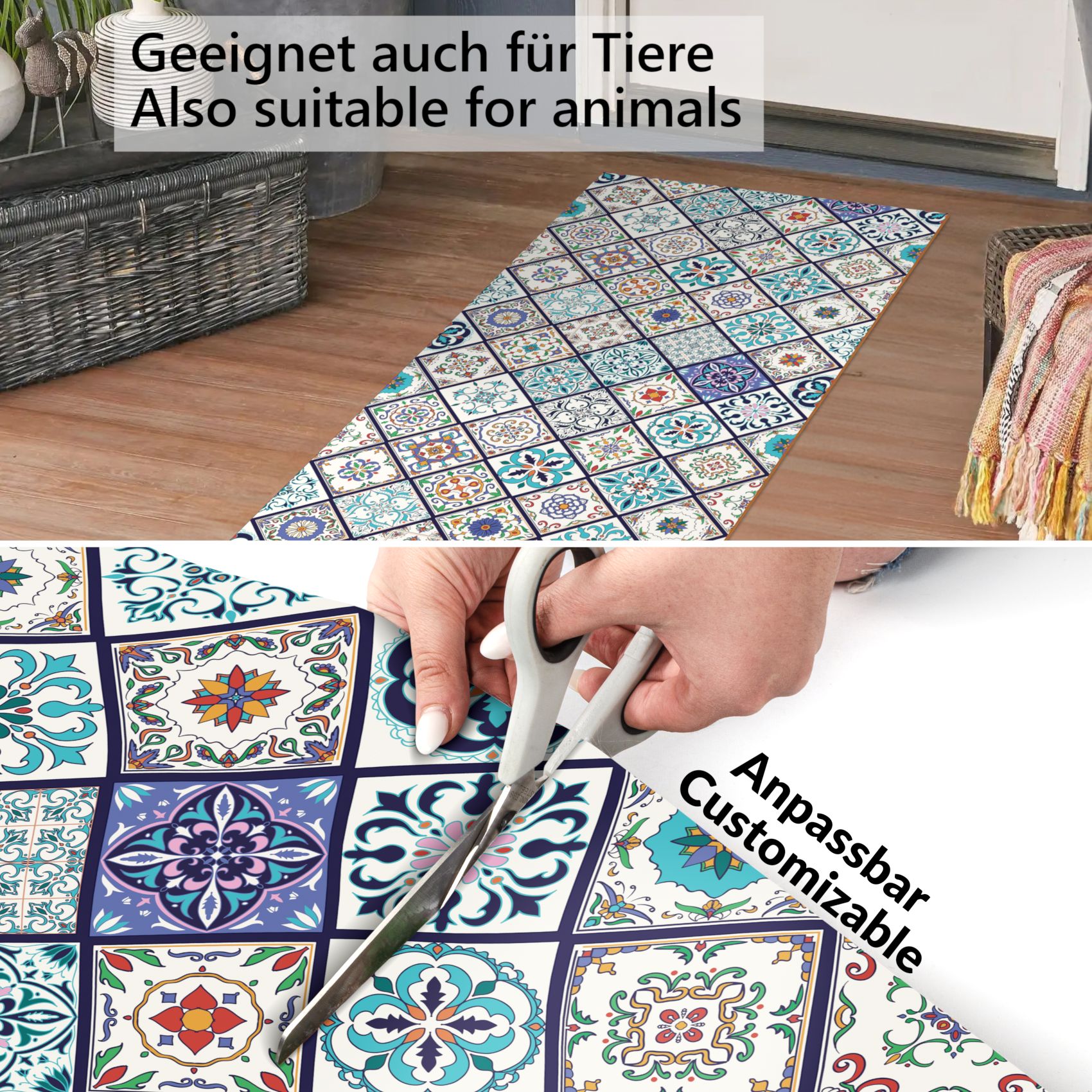 Küchenläufer PVC rutschfest abwaschbar Orientalische Fliese Blau 50cm Breit