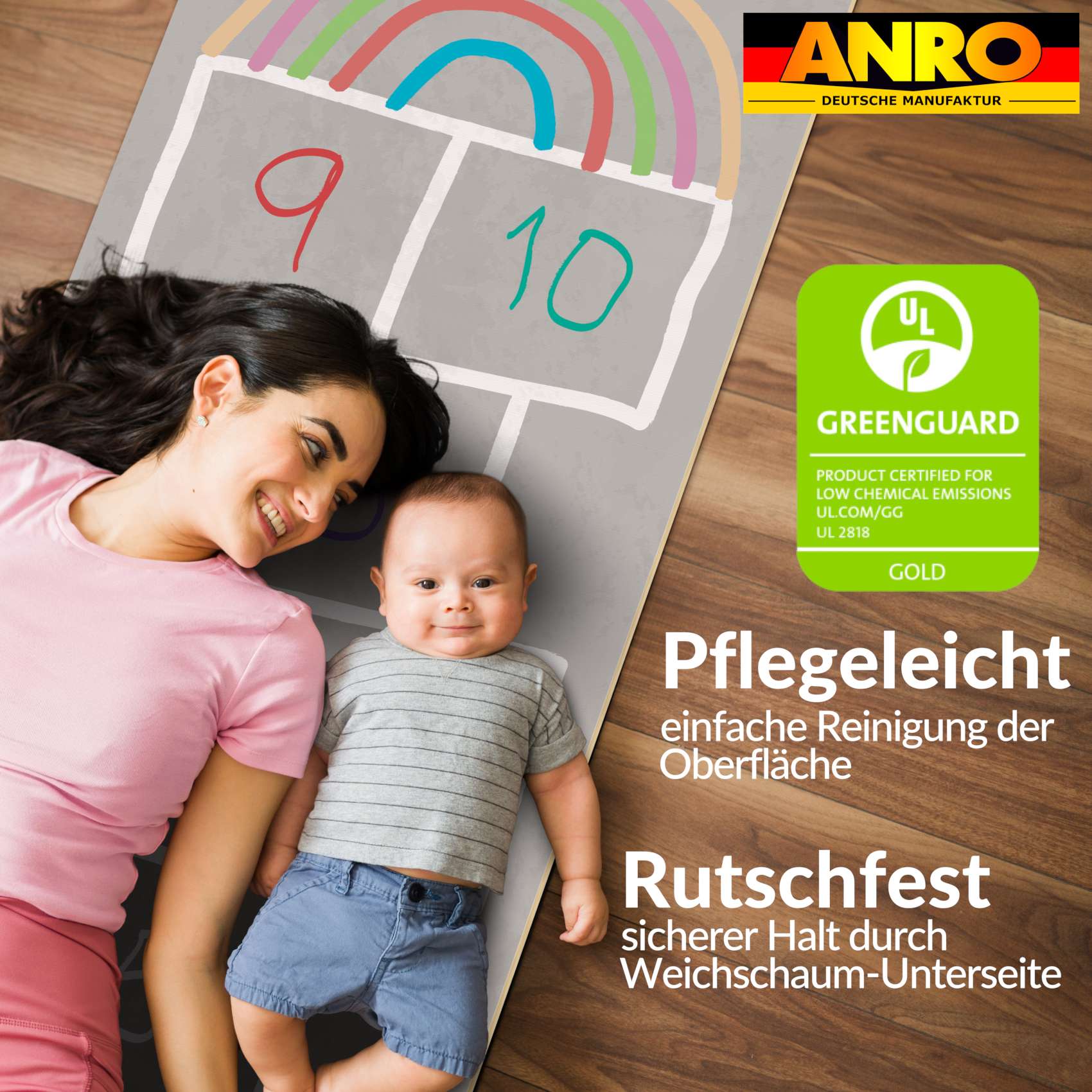 ANROHUPF6_50-jpg Spielmatte Teppich Läufer Hüpfspiel Hüpfkästchen Spielteppich abwaschbar Spring Kreuz Grau / Bunt 67x240cm