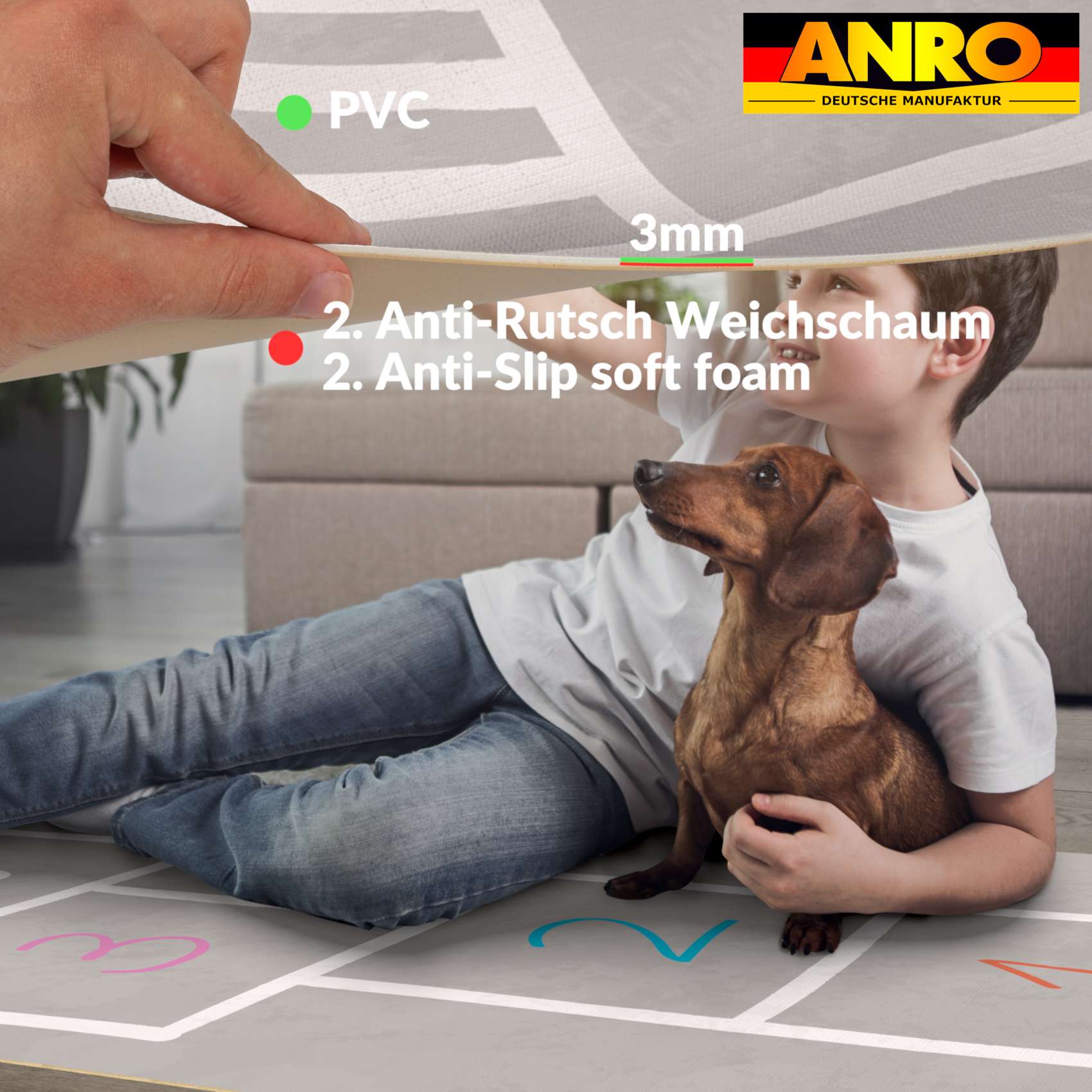 ANROHUPF6_40-jpg Spielmatte Teppich Läufer Hüpfspiel Hüpfkästchen Spielteppich abwaschbar Spring Kreuz Grau / Bunt 67x240cm