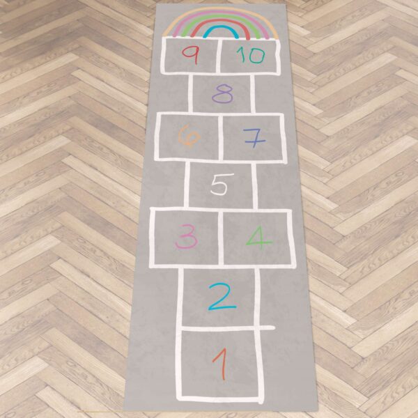 Spielmatte Teppich Läufer Hüpfspiel Hüpfkästchen Spielteppich abwaschbar Spring Kreuz Grau / Bunt 67x240cm