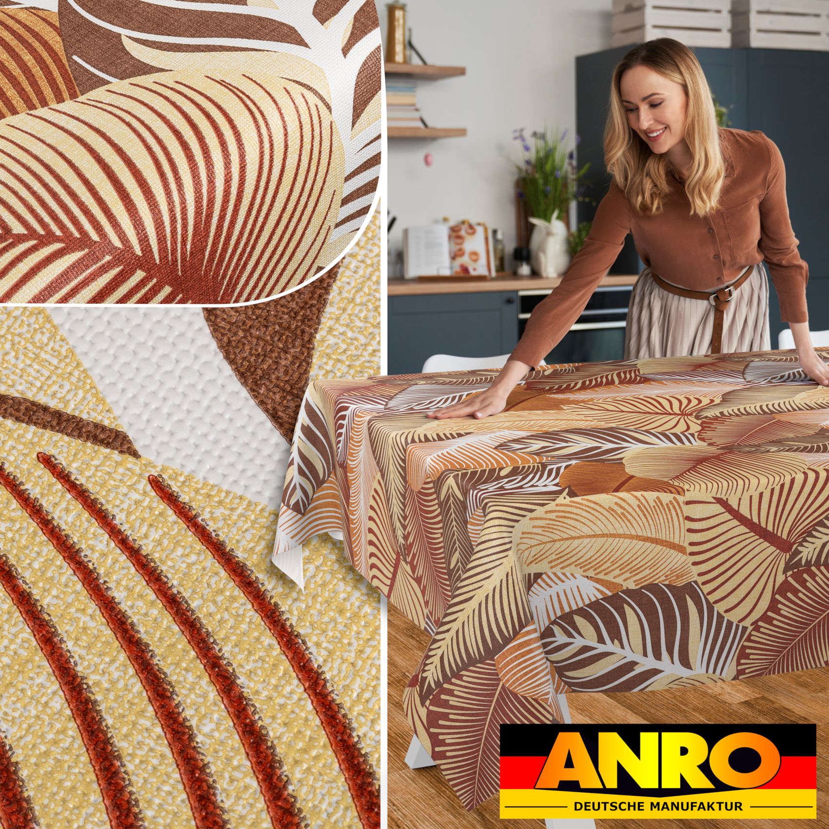 Wachstischdecke Wachstuch Tischdecke Wachstuch Meterware Tischdecke abwaschbar Gartentischdecke Blätter Gold