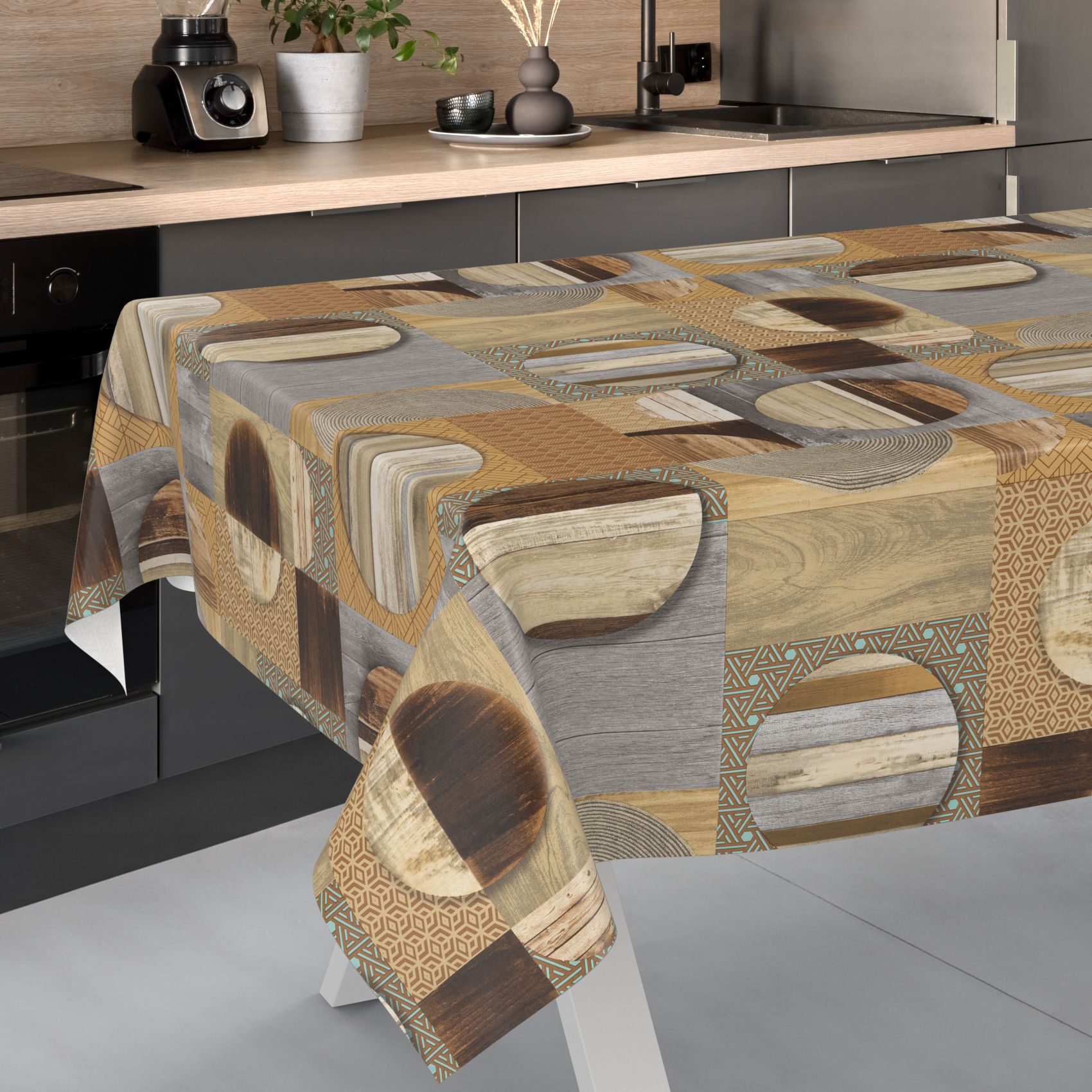 E47810E_SQ_13 Wachstischdecke Wachstuch Tischdecke Wachstuch Meterware Tischdecke abwaschbar Gartentischdecke Holz Patchwork Braun