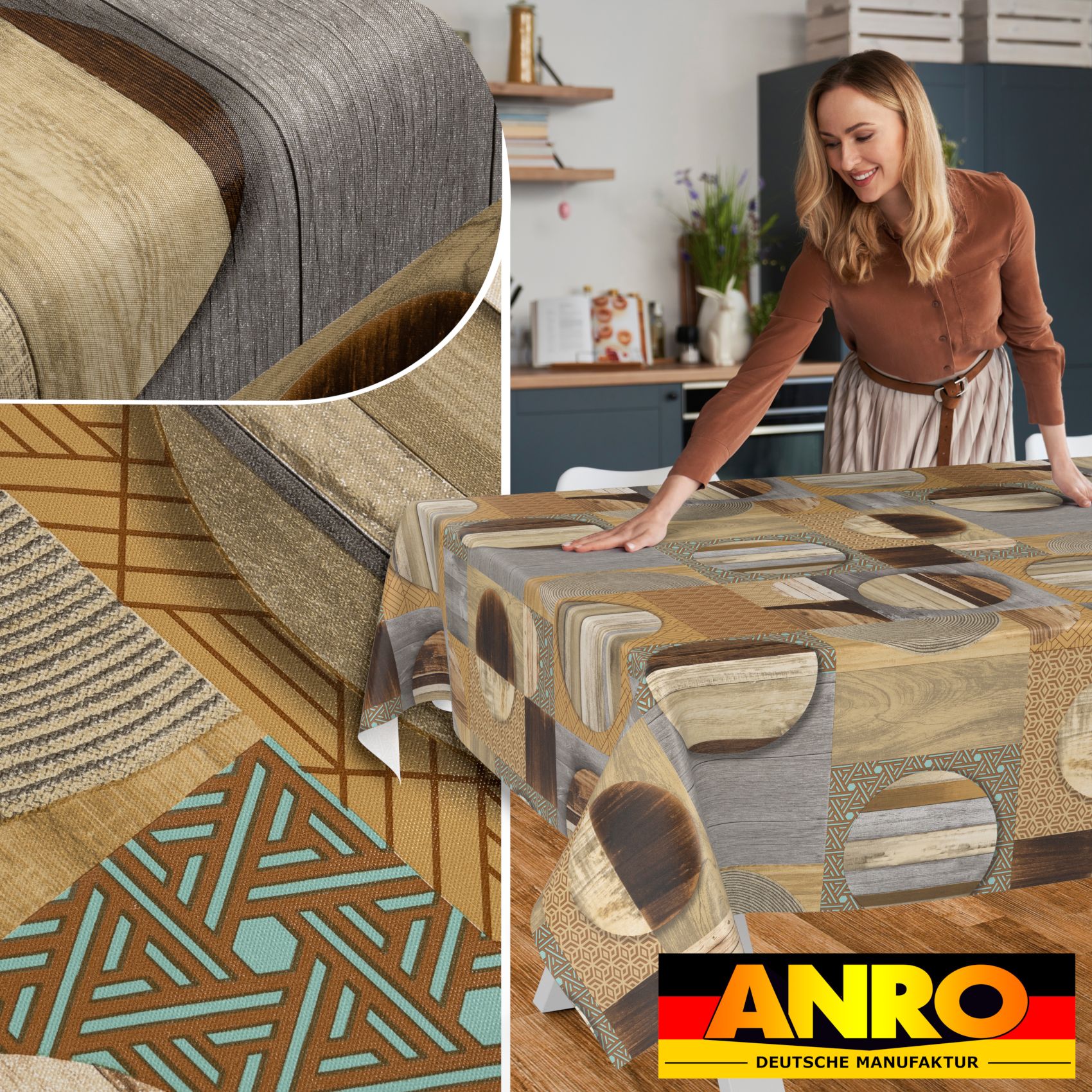 E47810E_SQ_50 Wachstischdecke Wachstuch Tischdecke Wachstuch Meterware Tischdecke abwaschbar Gartentischdecke Holz Patchwork Braun